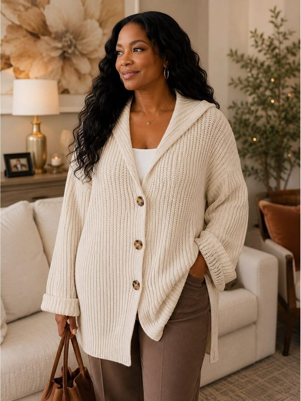 Free People NWT Cozy Ivory Knit Button-Up Cardigan with Hood and Ribbed Texture
